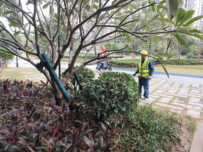 园林绿化工程施工养护人员正在浇水